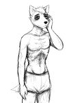  2019 anthro canid canine canis cheek_tuft clothed clothing digital_media_(artwork) facial_tuft fingers fur hair hi_res hladilnik male mammal monochrome simple_background skinny solo tired topless tuft underwear wolf 