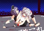  2girls alternate_costume blood cage fighting fingerless_gloves gloves kantai_collection kashima_(kantai_collection) midriff mixed_martial_arts mma_gloves multiple_girls navel santos short_hair shorts sports_bra submission_hold sweat tears tenryuu_(kantai_collection) translation_request trembling wrestling wrestling_outfit 