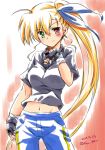  1girl black_gloves black_shirt blonde_hair blue_pants blue_ribbon blush breasts commentary_request dated fingerless_gloves gloves green_eyes hair_ribbon heterochromia large_breasts long_hair looking_at_viewer lyrical_nanoha mahou_shoujo_lyrical_nanoha_vivid midriff navel pants red_eyes ribbon san-pon shirt side_ponytail solo twitter_username very_long_hair vivid_strike! vivio 