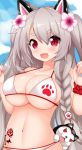  :d absurdres animal_ears azur_lane bikini blush braid breasts cleavage cloud cloudy_sky dog dog_ears ear_armor eyebrows_visible_through_hair fang flower grey_hair hair_flower hair_ornament highres large_breasts light_rays long_hair multicolored multicolored_nails nail_art navel neru_a open_mouth paw_print red_eyes scrunchie short_eyebrows side_braid sky smile sunbeam sunlight swimsuit thick_eyebrows twintails upper_body very_long_hair white_bikini wrist_scrunchie yuudachi_(azur_lane) 