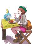  1girl bangs brown_eyes brown_hair cardigan curry eating female_protagonist_(pokemon_swsh) food green_headwear grey_cardigan hat highres jun_(seojh1029) long_sleeves open_mouth plate pokemon pokemon_(creature) pokemon_(game) pokemon_swsh rice short_hair sitting smile spoon table tagme tam_o&#039;_shanter 