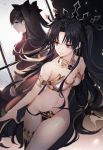  2girls artist_name bangs bare_shoulders black_hair blue_eyes breasts commentary_request crown earrings eyebrows_visible_through_hair fate/grand_order fate_(series) hair_ribbon highres hoop_earrings ishtar_(fate/grand_order) jacket jewelry long_hair looking_at_viewer medium_breasts multiple_girls navel parted_bangs red_eyes red_jacket ribbon single_thighhigh smile thighhighs toosaka_rin two_side_up unity_(ekvmsp02) 
