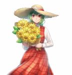  1girl backlighting bangs bouquet collared_shirt colored_eyelashes cowboy_shot eyebrows_visible_through_hair fingernails flower green_hair hat hat_flower hat_ribbon highres kazami_yuuka long_skirt long_sleeves looking_at_viewer open_clothes open_skirt outline pink_nails plaid plaid_skirt plaid_vest raito_(latek) red_eyes red_ribbon red_skirt red_vest reflective_eyes ribbon shiny shiny_clothes shirt short_hair simple_background skirt skirt_set smile solo straw_hat touhou vest wavy_hair white_background white_shirt wind 