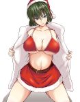  1girl blush breasts christmas eyebrows_visible_through_hair fubuki_(one-punch_man) fur-trimmed_skirt green_eyes green_hair hat jacket kawa large_breasts looking_at_viewer one-punch_man red_bikini_top red_skirt santa_hat shiny shiny_skin short_hair simple_background skirt smile solo white_background white_jacket 