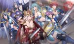  6+girls armor armpits blonde_hair blue_eyes blue_hair breasts cleavage duel_monster elbow_gloves gloves green_eyes green_hair headgear highres large_breasts multiple_girls purple_hair red_eyes red_hair shield suzume_inui sword thighhighs torn_clothes valkyrie weapon yuu-gi-ou 