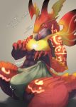  4_fingers agni_(dragalia_lost) anthro big_bulge black_body black_scales bodily_fluids bulge claws clothing cum cum_drip cum_through_clothing dialogue dragalia_lost dragon dripping english_text finger_claws fingers flowerdragon genital_fluids green_clothing green_eyes green_panties green_underwear grey_background hi_res male open_mouth panties red_body red_scales scales shaded sharp_teeth simple_background sitting solo spread_legs spreading sweat teeth text tongue underwear wet wet_clothing yellow_body yellow_claws yellow_scales 