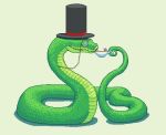  2019 ambiguous_gender beverage clothing digital_media_(artwork) drinking eyewear feral green_body green_scales hat headgear headwear holding_object monocle mostly_nude pixel_(artwork) reptile scales scalie side_view signature simple_background snake solo tea text tongue tongue_out top_hat valentinapaz 