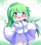  1girl ahoge blue_eyes blue_skirt blurry blurry_background blush breasts chibi commentary cowboy_shot detached_sleeves eyebrows_visible_through_hair gradient gradient_background green_background green_hair hair_ornament hair_tubes kochiya_sanae large_breasts looking_at_viewer nontraditional_miko open_mouth outstretched_arms petticoat shirt sidelocks skirt snake_hair_ornament solo spread_arms standing touhou twitter_username white_background white_shirt yairenko 
