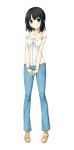  1girl arishima_alice belt black_hair blue_eyes blush breasts cura denim full_body looking_at_viewer monobeno sandals shirt short_hair short_sleeves simple_background small_breasts smile solo standing white_background white_shirt wristband 