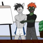  1:1 anthro athletic bottomwear clothed clothing duo fully_clothed fuze hi_res lizard male mammal mouse murid murine navel nipples reptile rodent scalie shorts topless 