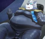  anthro belly big_belly biped blush bodily_fluids bulge canid canine canis chubby_cheeks clothed clothing fur grey_body grey_fur iwano male mammal moobs navel nintendo obese obese_male open_mouth overweight overweight_male sitting solo space spacecraft star_fox sweat sweatdrop tight_clothing vehicle video_games white_body white_fur wolf wolf_o&#039;donnell 