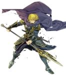  1boy armor armored_boots belt blonde_hair boots cape fire_emblem fire_emblem:_the_binding_blade fire_emblem_heroes full_body highres official_art perceval_(fire_emblem) polearm purple_eyes solo spear sword teeth torn_clothes transparent_background weapon yura_(ub4u) 