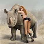  1:1 absurd_res black_clothing boots breasts brown_hair butt clothing dashinvaine female feral footwear hair hi_res horn human invalid_tag looking_at_viewer mammal pinup pose rhinocerotoid tattoo tramp_stamp 