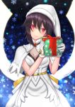  1girl blush bow box breasts capelet christmas_gift cleavage commentary_request dress fate/grand_order fate_(series) fishnets gift gift_box gloves hat head_tilt highres holding holding_gift looking_at_viewer ma_kimere medium_breasts ortlinde_(fate/grand_order) ring_the_bell santa_costume santa_hat smile snowflakes solo twitter_username valkyrie_(fate/grand_order) white_capelet white_dress white_gloves white_headwear white_santa_costume yellow_bow 