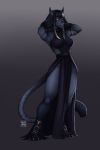  2019 4_toes anthro black_hair clothed clothing digital_media_(artwork) digitigrade felid feline female grey_background hair mammal simple_background solo standing toes vashaa 