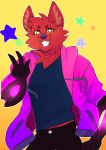  2016 5_fingers absurd_res ambiguous_gender anthro black_nose bottomwear button_(fastener) canid canine claws clothed clothing daflummify digital_media_(artwork) fingers fox fully_clothed fur gesture hi_res hoodie inner_ear_fluff jeans mammal pants pyrocynical red_body red_fur shirt simple_background smile solo star teeth topwear tuft v_sign yellow_bckground 