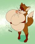 2019 3_toes absurd_res anthro belly big_belly big_breasts bodily_fluids breasts brown_eyes canid canine dawmino digital_media_(artwork) dipstick_tail female fox gloves_(marking) half-closed_eyes hi_res huge_breasts hyper hyper_breasts inflation lactating leg_markings mammal markings milk multicolored_tail reynold self_suckle signature socks_(marking) solo standing toes 