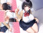  1boy 1girl artist_request black_hair blush bow breasts ear_cleaning hair_over_eyes heart huge_breasts indoors kneeling long_hair massage mimikaki on_bed original purple_eyes red_bow red_neckwear school_uniform shirt skirt striped striped_bow thighs white_shirt 