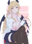  1girl bangs blonde_hair blouse blush breasts cleavage clipboard collarbone commentary cowboy_shot demon_girl demon_horns demon_tail demon_wings garter_straps green_eyes holding holding_clipboard holding_pen hololive horns izumi_sai labcoat large_breasts long_hair looking_at_viewer miniskirt no_shoes parted_lips pen pencil_skirt pink_background pink_blouse pointy_ears simple_background sitting skirt solo tail thighhighs toes virtual_youtuber wings yuzuki_choco zettai_ryouiki 