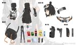  1girl bag bag_of_chips bangs black_hair bottle box braid breasts caws_(girls_frontline) coat coca-cola expressionless flashlight food girls_frontline gloves goggles goggles_on_head grey_jumpsuit gun h&amp;k_caws haijin handgun headset holding holding_gun holding_weapon holster holstered_weapon hood hood_down hooded_coat long_sleeves makeup medium_breasts name_tag open_clothes open_coat oreo pistol pocky radio short_hair short_jumpsuit short_sleeves shotgun shotgun_shells sidelocks smoke_grenade snap-fit_buckle solo topknot two-tone_jumpsuit weapon weibo_username yellow_eyes zoom_layer 