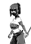  1girl absurdres armor breasts cleavage covered_mouth cowboy_shot greyscale highres japanese_armor kote looking_at_viewer medium_hair megao_3rd midriff monochrome navel ninja ninjatou original reverse_grip scarf scarf_over_mouth short_sword stomach strapless sword tagme tubetop weapon 