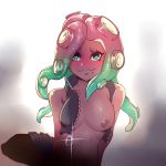  1girl asymmetrical_hair bare_arms bare_shoulders black_vest breasts cropped_vest dark_nipples dark_skin green_eyes green_hair grin heart heart-shaped_pupils highres iida_(splatoon) kaehavandias looking_at_viewer medium_breasts mole mole_under_mouth multicolored_hair navel nipple_slip nipples no_bra no_panties no_pants octoling pink_pupils smile solo splatoon_(series) splatoon_2 suction_cups symbol-shaped_pupils tentacle_hair undressing vest zipper zipper_pull_tab 