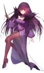  1girl bangs breasts dress fate/grand_order fate_(series) feather_trim fur-trimmed_dress fur_trim green322 hair_between_eyes headpiece high_heels highres holding holding_wand light_blush long_sleeves medium_breasts pantyhose purple_dress purple_hair red_eyes scathach_(fate)_(all) scathach_skadi_(fate/grand_order) shade simple_background solo tiara wand white_background 