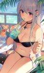  1girl bikini black_bikini black_choker breasts choker cleavage collarbone commentary_request cup daredattakke drink drinking drinking_glass drinking_straw earrings girls_frontline hair_ornament hairclip holding holding_cup hurricane_glass jewelry kar98k_(girls_frontline) large_breasts leaf long_hair looking_at_viewer navel outdoors red_eyes see-through sidelocks silver_hair sitting skindentation solo stomach strap_pull swimsuit table thighs water wet 