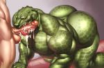  2018 absurd_res all_fours anthro balls big_butt big_muscles big_penis bodily_fluids butt crocodile crocodilian crocodylid cum dc_comics duo erection genital_fluids green_body green_scales hi_res human human_on_anthro interspecies killer_croc licking lytta_the_bug male male/male mammal muscular nude open_mouth oral penis red_eyes reptile scales scalie sex sharp_teeth teeth tongue tongue_out vein 