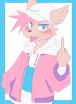  blush clothing ear_piercing felid feline gesture hat headgear headwear hi_res male mammal manadezimon middle_finger piercing solo teenager tongue tongue_out tongue_piercing young 