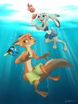  2016 3_toes 4_fingers acanthurid anthro biped bottomwear canid canine chigico_u claws clothed clothing clownfish crossover disney dory_(finding_nemo) duo female finding_nemo fingers fish fox fur gloves_(marking) green_eyes group hi_res judy_hopps lagomorph leg_markings leporid looking_back male mammal marine markings marlin_(finding_nemo) nemo_(finding_nemo) nick_wilde paracanthurus pixar pomacentrid purple_eyes rabbit shorts smile socks_(marking) swimwear teeth toe_claws toes topless underwater water zootopia 