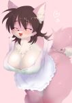  &lt;3 2019 anthro apron apron_only big_breasts black_nose blush breasts brown_hair canid canine cheek_tuft chest_tuft cleavage clothed clothing countershading eyes_closed facial_tuft female front_view fur hair hands_behind_back hi_res htg inner_ear_fluff kemono leaning leaning_forward mammal mostly_nude nipple_outline open_mouth red_body red_fur simple_background solo standing thick_thighs tuft 