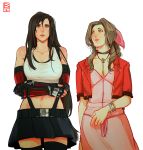  2girls aerith_gainsborough arm_guards black_hair bolo_tie bow bracelet brown_eyes brown_hair crop_top cropped_jacket crossed_arms dress elbow_gloves final_fantasy final_fantasy_vii final_fantasy_vii_remake fingerless_gloves gloves green_eyes hair_bow jacket jewelry long_hair looking_at_another low-tied_long_hair midriff multiple_girls parted_lips pink_dress pleated_skirt red_jacket saint_dri simple_background skirt sleeveless tank_top thighhighs tifa_lockhart very_long_hair zettai_ryouiki 