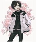  1boy :d bangs belt black_hair black_pants black_shirt collared_shirt copyright_request fang floral_background flower grey_background hair_between_eyes hand_in_pocket head_tilt jacket long_sleeves male_focus open_clothes open_jacket open_mouth pants pink_flower shirt smile solo white_belt white_jacket white_shirt yumegi_(bitter_orange215) 