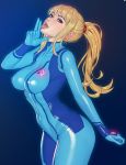  1girl blonde_hair blue_background blue_eyes bodysuit breasts commentary covered_navel covered_nipples eyelashes eyeshadow finger_licking gradient gradient_background head_back head_tilt highres licking looking_at_viewer makeup metroid nikita_varb open_mouth ponytail samus_aran solo tongue tongue_out work_in_progress zero_suit 