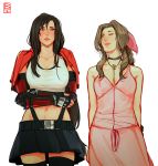  2girls aerith_gainsborough arm_guards black_hair blush bolo_tie borrowed_garments bow bracelet brown_eyes brown_hair crop_top cropped_jacket crossed_arms dress elbow_gloves final_fantasy final_fantasy_vii final_fantasy_vii_remake fingerless_gloves gloves green_eyes hair_bow jacket jewelry long_hair looking_at_another low-tied_long_hair midriff multiple_girls one_eye_closed parted_lips pink_dress pleated_skirt red_jacket saint_dri simple_background skirt sleeveless smile tank_top thighhighs tifa_lockhart very_long_hair zettai_ryouiki 