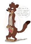  2016 3_toes 4_fingers annoyed anthro balls barefoot biped black_nose bottomless brown_body brown_fur clothed clothing covering covering_self dialogue dipstick_tail disney duke_weaselton embarrassed english_text erection fingerless_(marking) fingers fur hi_res knock-kneed long-tailed_weasel looking_at_penis looking_down male mammal multicolored_tail mustela mustelid musteline open_mouth orlandofox penis pigeon_toed shirt shy simple_background solo speech_bubble tan_body tan_fur tank_top text toes tongue toony topwear unwanted_erection water wet wet_clothing wet_shirt wet_topwear white_background zootopia 