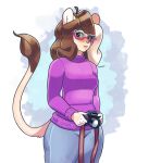  anthro bottomwear brown_hair camera clothing dandee_(character) eyewear felid female glasses hair hi_res lion luxarts mammal multicolored_hair pantherine pants purple_clothing purple_sweater purple_topwear solo sweater tail_tuft tan_hair topwear tuft two_tone_hair 