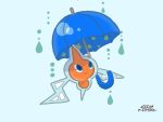  4:3 ambiguous_gender blue_background blue_eyes digital_media_(artwork) ghost japanese_text nintendo normal_rotom not_furry orange_body pok&eacute;mon pok&eacute;mon_(species) pok&eacute;mon_art_academy raining rotom simple_background solo spirit star text umbrella video_games water キリン 