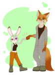  2016 anthro biped canid canine clothed clothing dipstick_tail disney duo female fist_bump food fox front_view fur gesture gloves_(marking) green_eyes hi_res judy_hopps lagomorph leporid male mammal markings multicolored_body multicolored_fur multicolored_tail nick_wilde pawpsicle plantigrade popsicle puki purple_eyes rabbit simple_background standing zootopia 