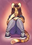  anthro brown_eyes brown_hair clothed clothing felid feline female fully_clothed hair hi_res jaguar kitzy_(character) long_hair luxarts mammal pantherine tongue tongue_out 