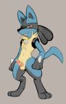  2019 anthro balls black_body black_fur blue_body blue_fur dandi edit erection fur hand_spike humanoid_penis looking_at_viewer lucario male nintendo nude penis pok&eacute;mon pok&eacute;mon_(species) red_eyes simple_background solo tongue video_games yellow_body yellow_fur 