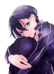  1boy bangs black_hair closed_mouth commentary_request feet_out_of_frame hair_between_eyes highres jacket kirito knees_up leg_hug long_sleeves looking_at_viewer male_focus pants purple_eyes purple_jacket purple_pants simple_background sitting smile solo sword_art_online tsukimori_usako white_background 