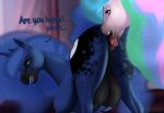  2019 blue_eyes blurred_background bodily_fluids cunnilingus cutie_mark dialogue drooling duo english_text equid equine female feral friendship_is_magic hi_res horn huge_teats incest mammal mercurial64 my_little_pony open_mouth oral princess_celestia_(mlp) princess_luna_(mlp) saliva sex signature solo_focus teats text vaginal winged_unicorn wings 