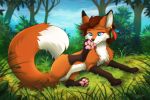  2019 4_toes blue_eyes brown_hair canid canine day detailed_background eyebrows eyelashes female feral forest fox fur grass hair ketty mammal orange_body orange_fur outside pawpads pink_pawpads pink_tongue solo toes tongue tree 