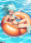  1girl aqua_hair bikini black_bikini breasts cleavage cup disposable_cup drink drinking_straw floating highleg highleg_bikini highres innertube lens_flare looking_at_viewer medium_breasts micro_bikini navel partially_submerged pink-tinted_eyewear round_eyewear ryouko_(tenchi_muyou!) shiny shiny_skin solo spiked_hair steve_chopz summer sunglasses swimsuit tenchi_muyou! underboob water yellow_eyes 