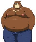  anthro belly big_belly blush bodily_fluids brown_body brown_fur bulge clothed clothing dressing fur iwano male mammal moobs navel nipples obese obese_male overweight overweight_male simple_background solo standing sweat sweatdrop sweatpants thick_thighs tight_clothing topless ursid ursine white_background 