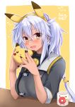  0yukiya0 1girl absurdres blush breasts brown_eyes cup enemy_lifebuoy_(kantai_collection) glasses graphite_(medium) hair_between_eyes highres jewelry kantai_collection large_breasts mechanical_pencil millipen_(medium) musashi_(kantai_collection) open_mouth pencil pikachu pikachu_ears platinum_blonde_hair pokemon_ears remodel_(kantai_collection) ring short_hair_with_long_locks sitting smile toy traditional_media twintails two-tone_background two_side_up wedding_band 