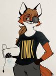  2019 absurd_res anthro arm_tuft black_body black_clothing black_fur black_shirt black_topwear bottomwear breasts brown_hair canid canine cheek_tuft clothing digital_media_(artwork) elbow_tufts eyewear facial_tuft fangs female fox fur glasses gloves_(marking) grey_bottomwear grey_clothing grey_pants hair hi_res keyboard linux linux_fox magnetiorchid mammal marker_(artwork) markings mixed_media multicolored_body multicolored_fur pants ponytail red_body red_fur shirt signature simple_background solo text topwear traditional_media_(artwork) tuft white_background white_body white_fur 