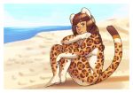  beach covering covering_self felid female hi_res jaguar kitzy_(character) luxarts mammal nude pantherine seaside 